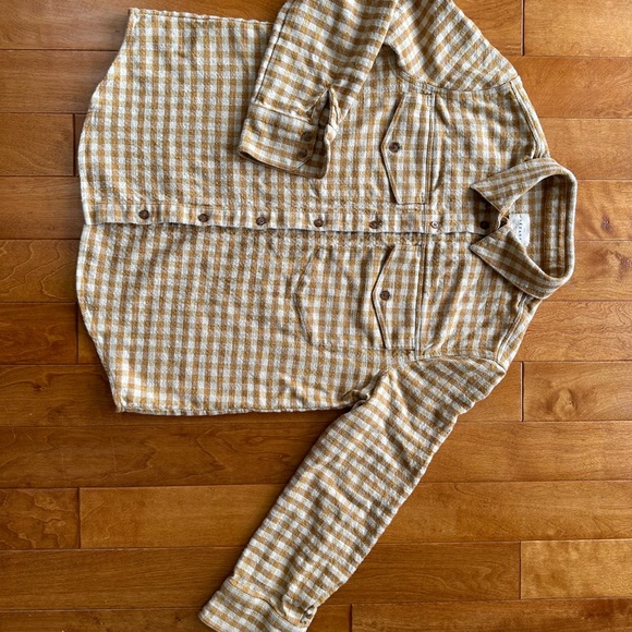 SEZANE EURIELLE Shirt Ochre Ecru Gingham Checks Organic cotton + linen | Size 6 - Picture 8 of 9